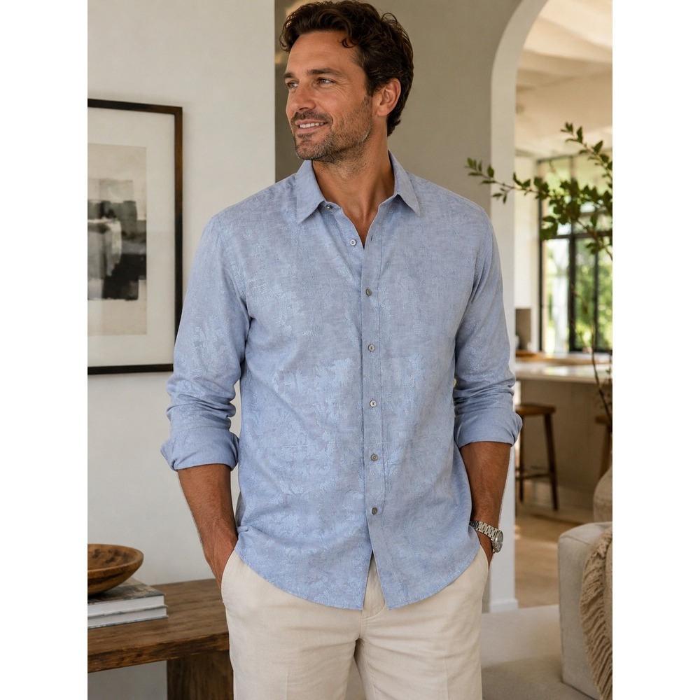 Robert Graham Button Down Shirt Mens Med Blue Linen Blend Jacquard Damask